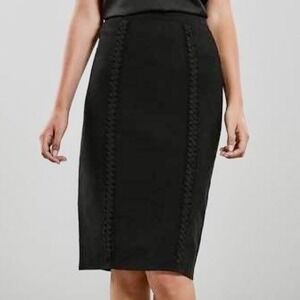 Reiss Ann Braid Detail Black Pencil Skirt Midi Fitted Workwear Womens Size Small